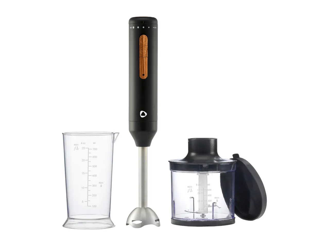 Black immersion blender with wood-look buttons, a measuring cup, and a food chopper attachment.