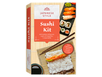 Japanese style sushi kit with ingredients, rolling mat, chopsticks, and recipe leaflet.