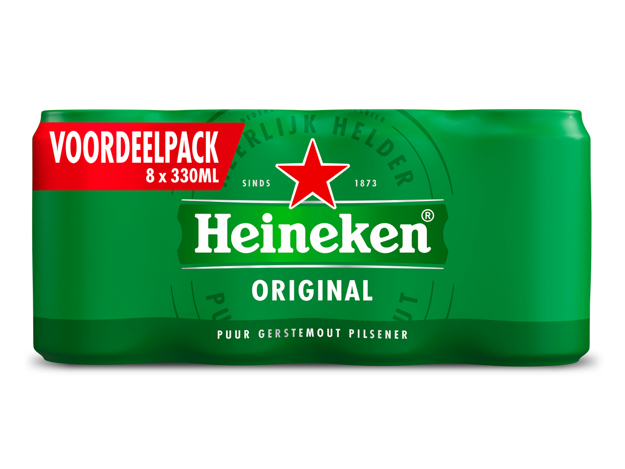 Multipack van 8 blikjes pilsener bier, met de tekst 'VOORDEELPACK' en 'ORIGINAL'.