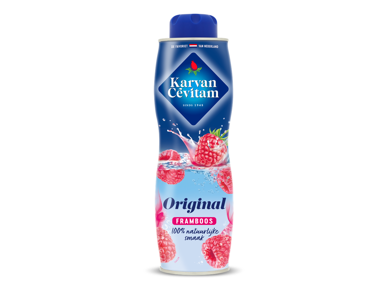 Fles frambozensiroop met afbeeldingen van frambozen in water.