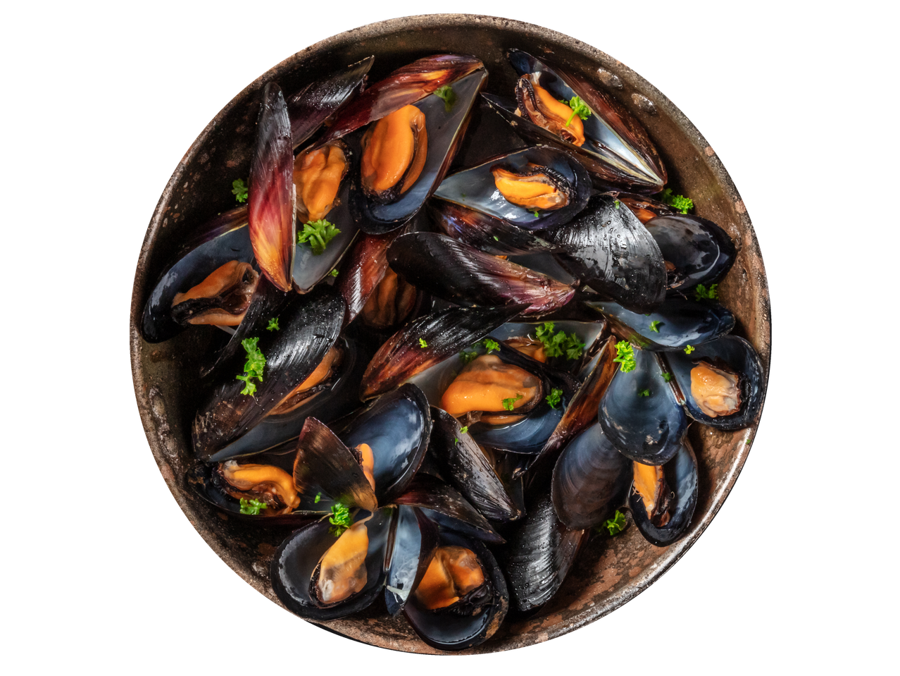 Garuose virtos midijos rustiškame dubenyje, papuoštos petražolėmis.