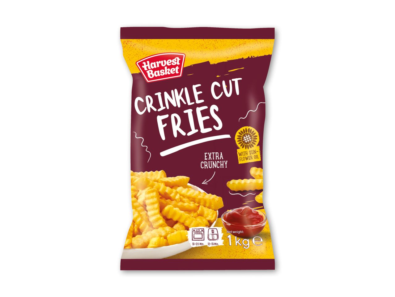Harvest Basket Crinkle Cut Fries-emballage med pommes frites og ketchup.