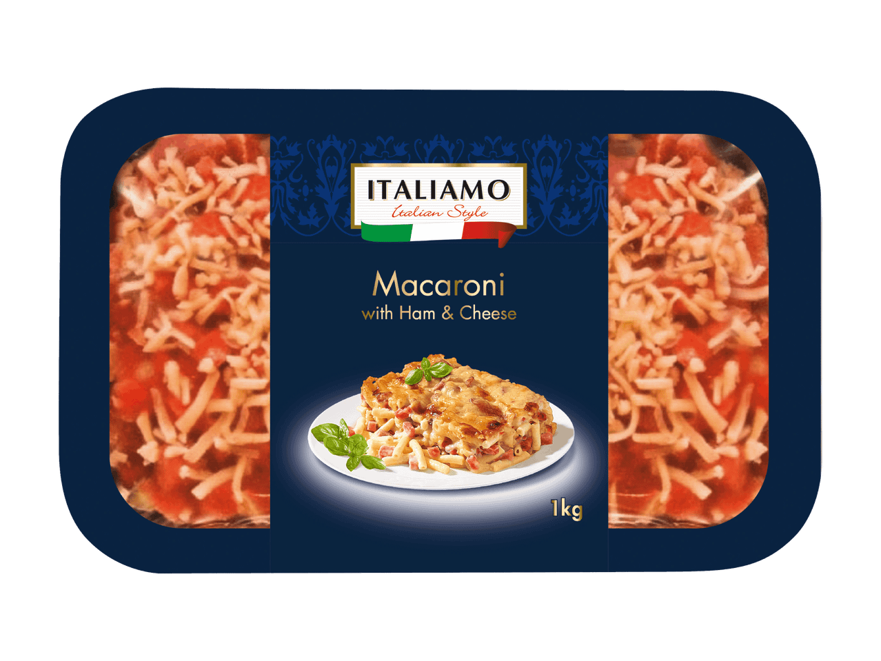 Confezione di maccheroni al forno con prosciutto e formaggio, marchio Italiamo.