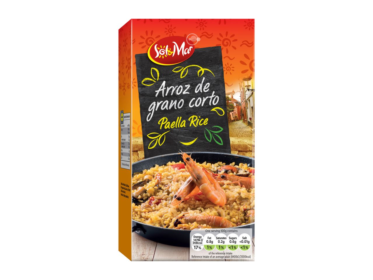 Paella rice box with a vibrant orange and red design, featuring a paella dish with seafood.