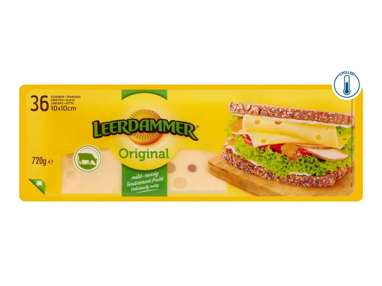 Packaging of cheese slices with a sandwich, indicating 36 slices, 720g, and original flavor.