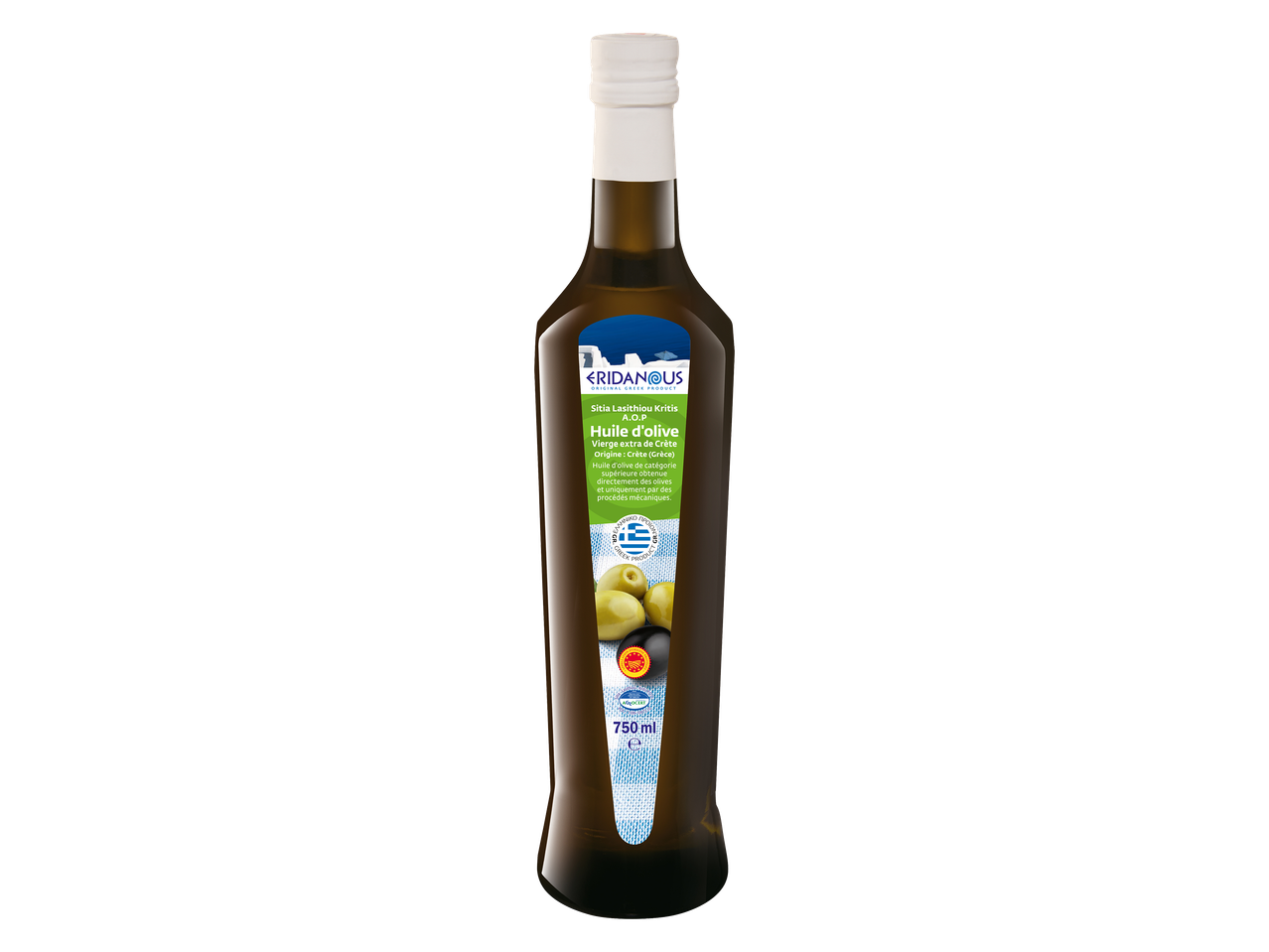 Bouteille d'huile d'olive extra vierge de Crète, 750 ml, avec une étiquette bleue et blanche.