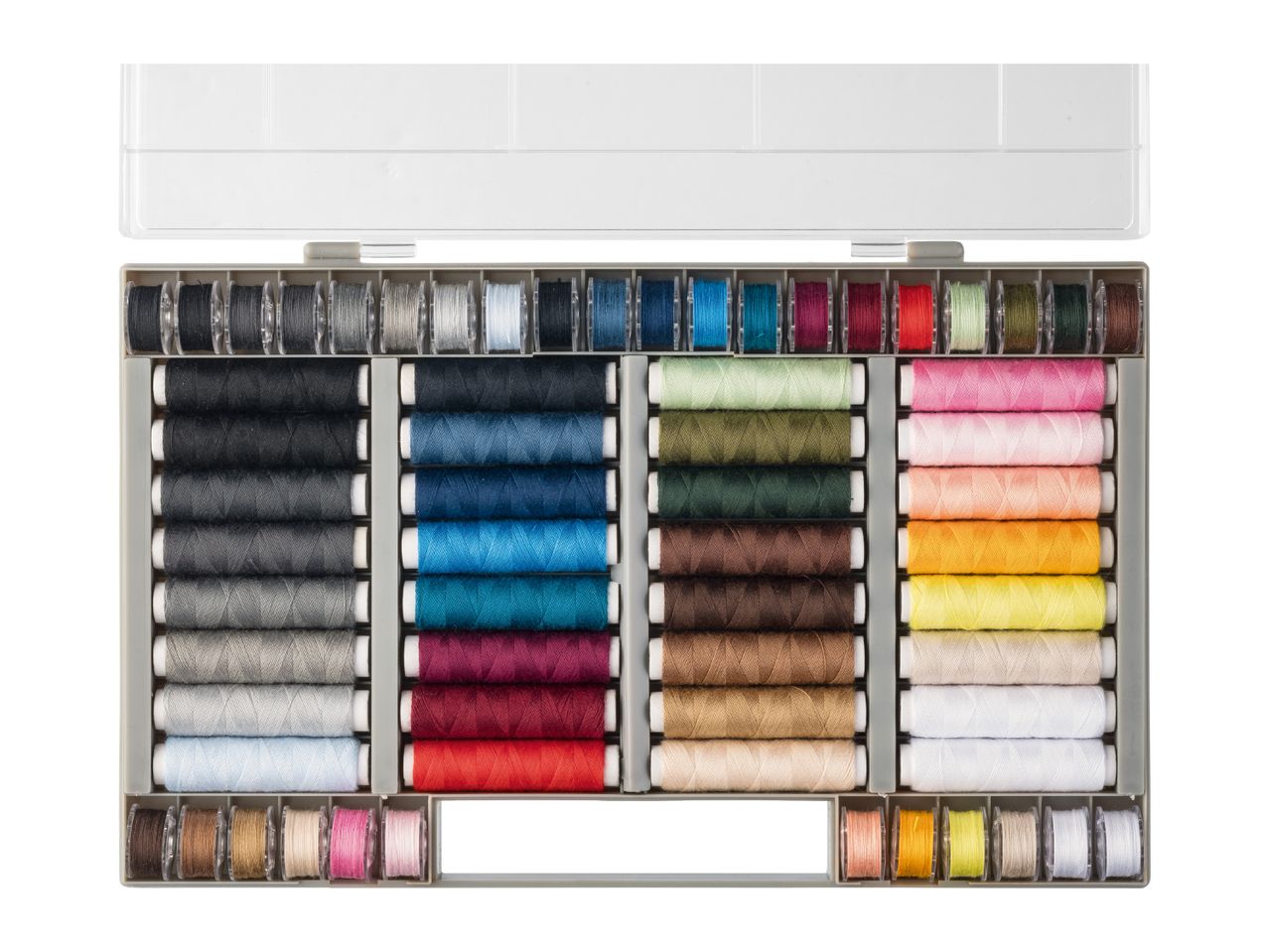 Sewing thread set with various colorful spools and bobbins in a plastic storage box