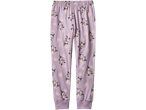 Lila Muminpyjamas med blommönster och Muminfigurer.