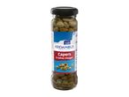 A jar of capers in wine vinegar, Greek style, with a blue and red label.