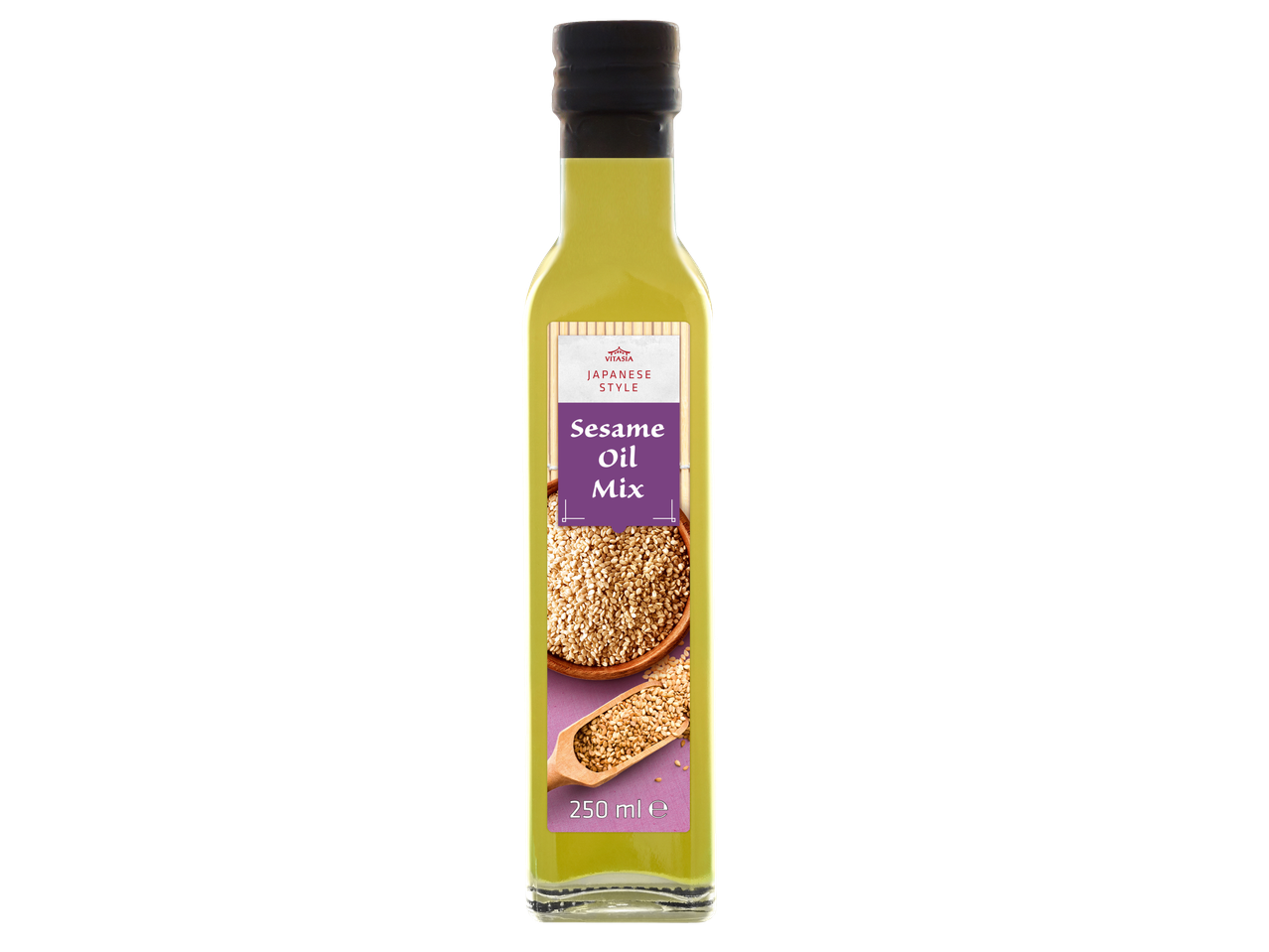 Japanese style sesame oil mix in a bottle with sesame seeds on the label, 250 ml.