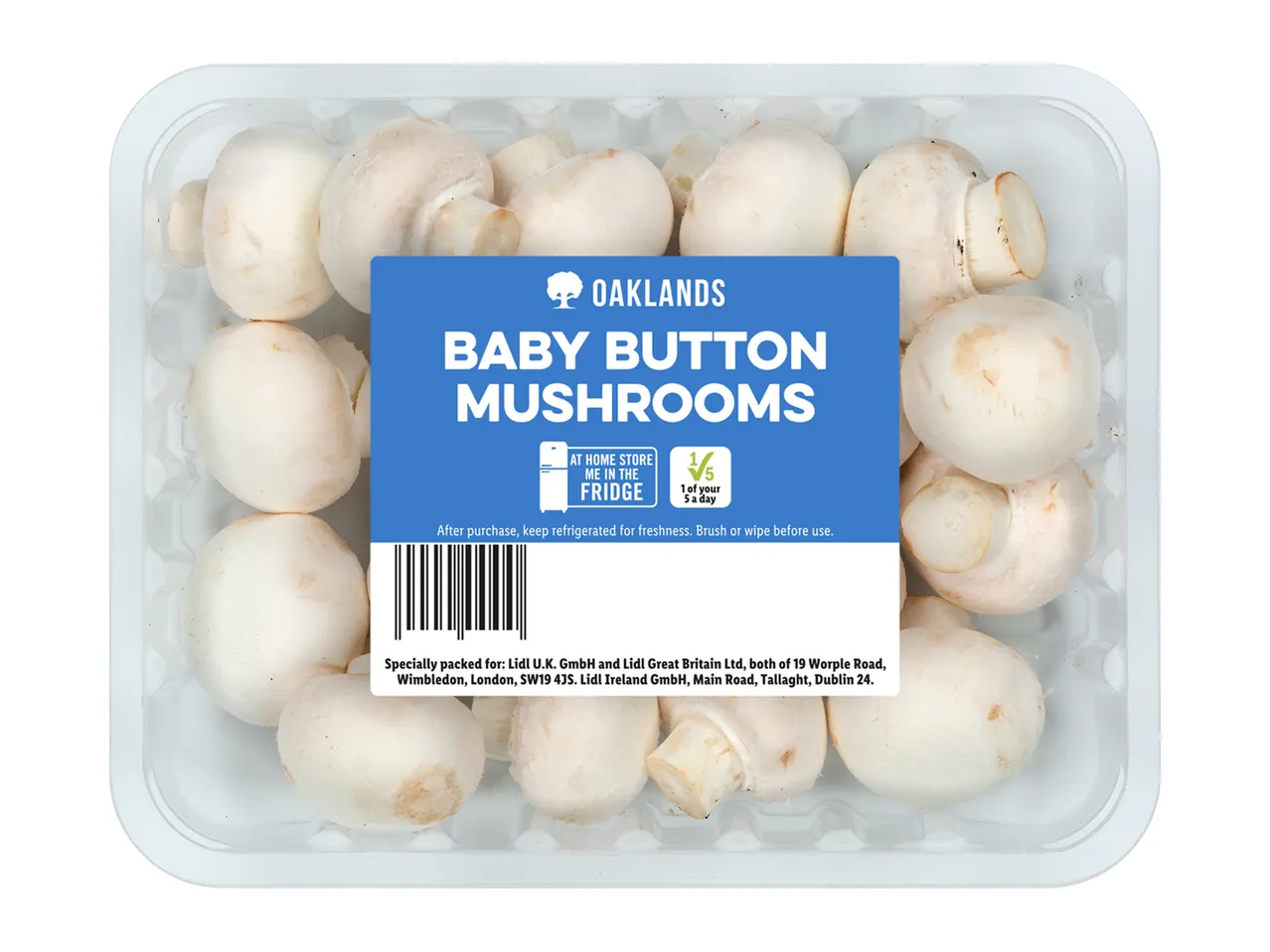 Oaklands baby button mushrooms in a container.