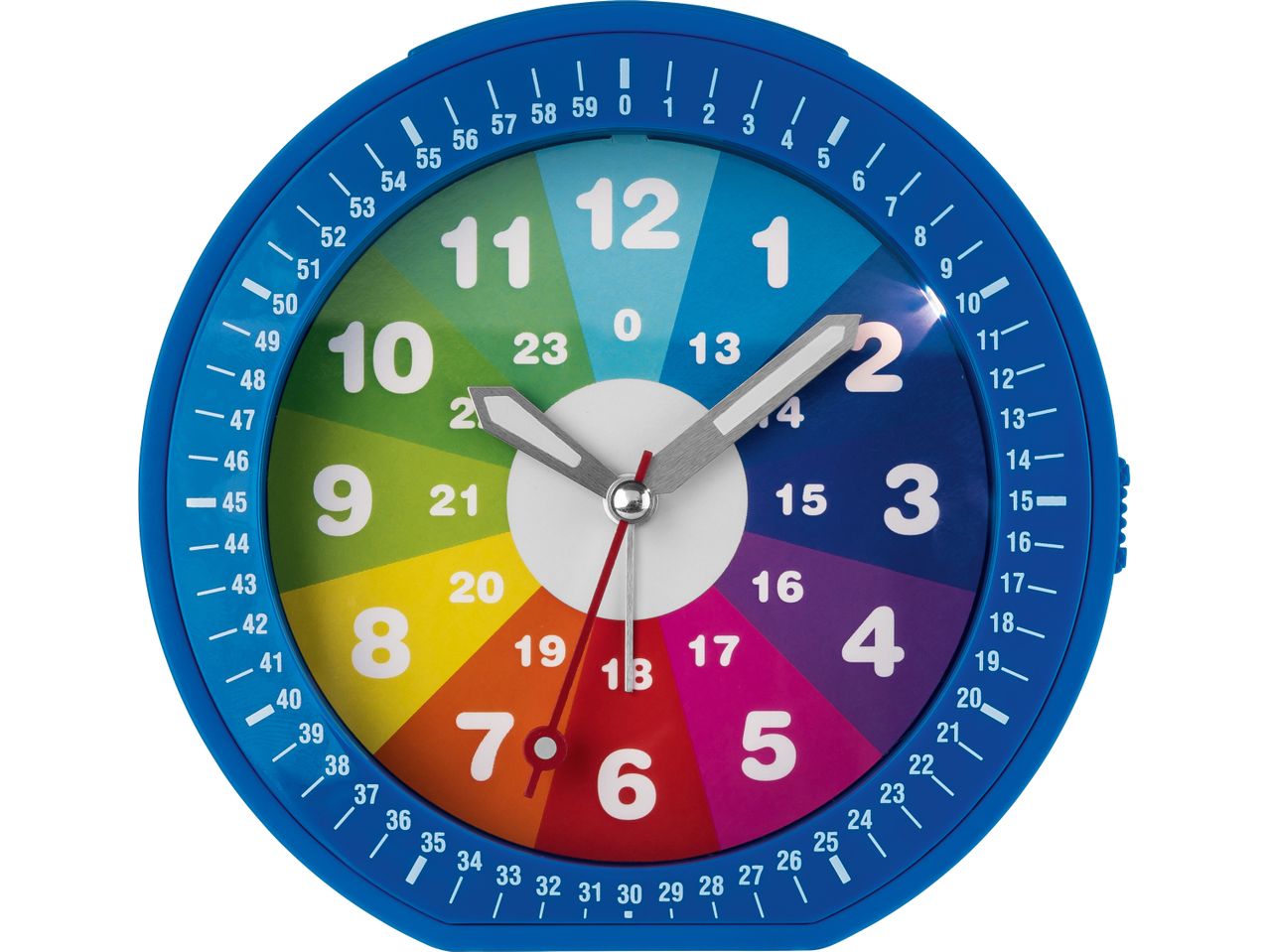 Un orologio didattico blu con quadrante colorato e numeri grandi per imparare a leggere l'ora.
