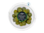 A clear plastic container filled with green Nocellara olives, stone-in, 150g, chilled.