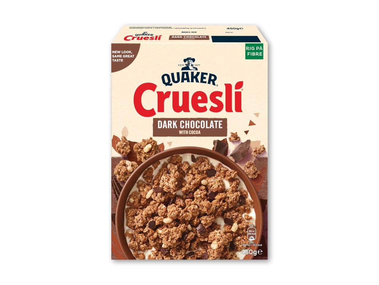En pakke mørk chokolade granola med en skål fyldt med granola og mælk.