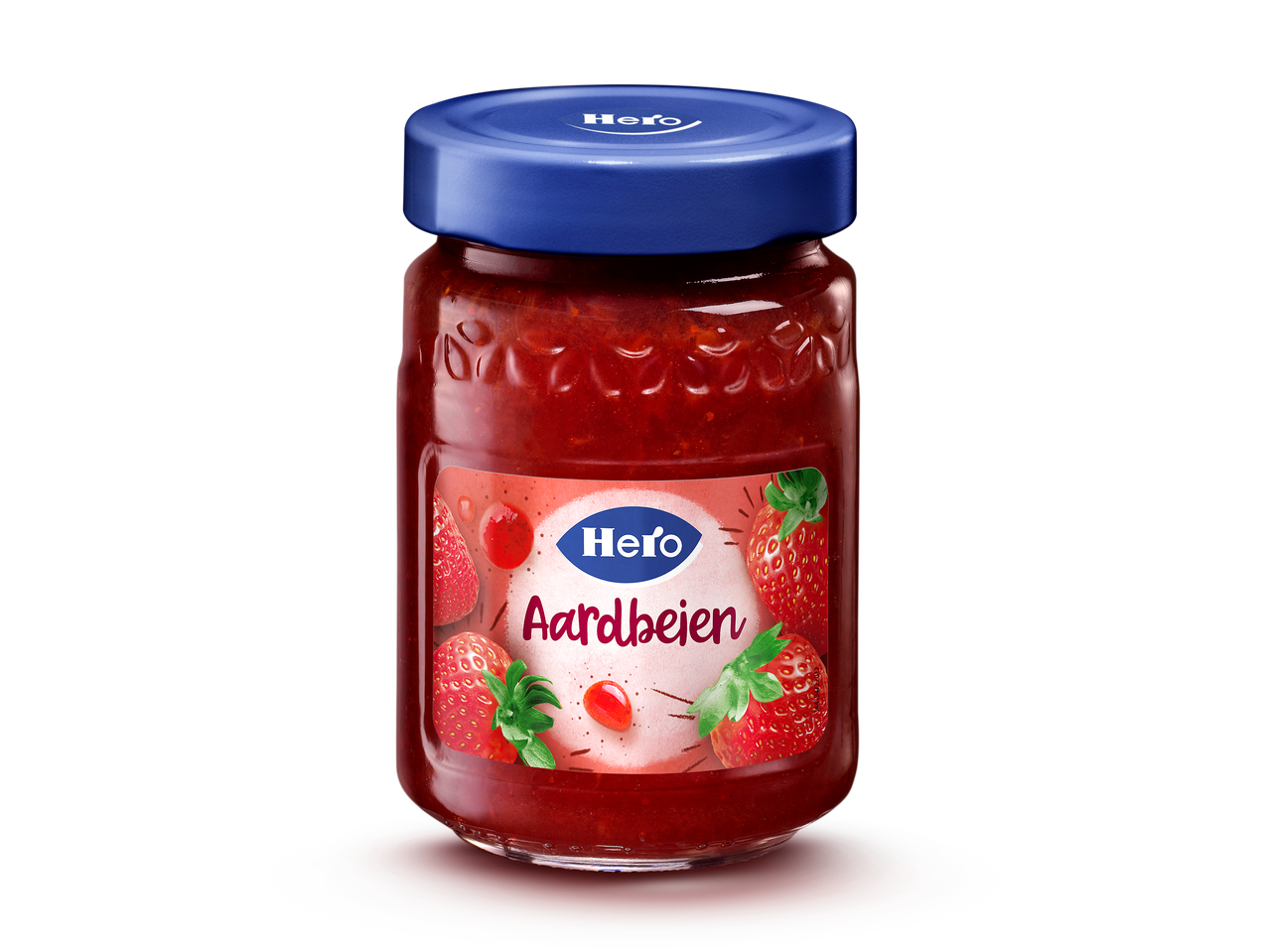 Een pot aardbeienjam met een blauw deksel en een label met aardbeien.