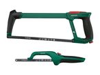 Two green and black hand saws, one larger and one smaller, with metal cutting blades.