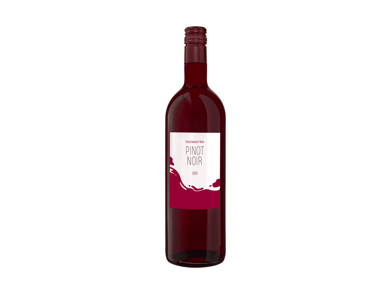 Bouteille de vin rouge Pinot Noir avec une étiquette blanche et rouge.