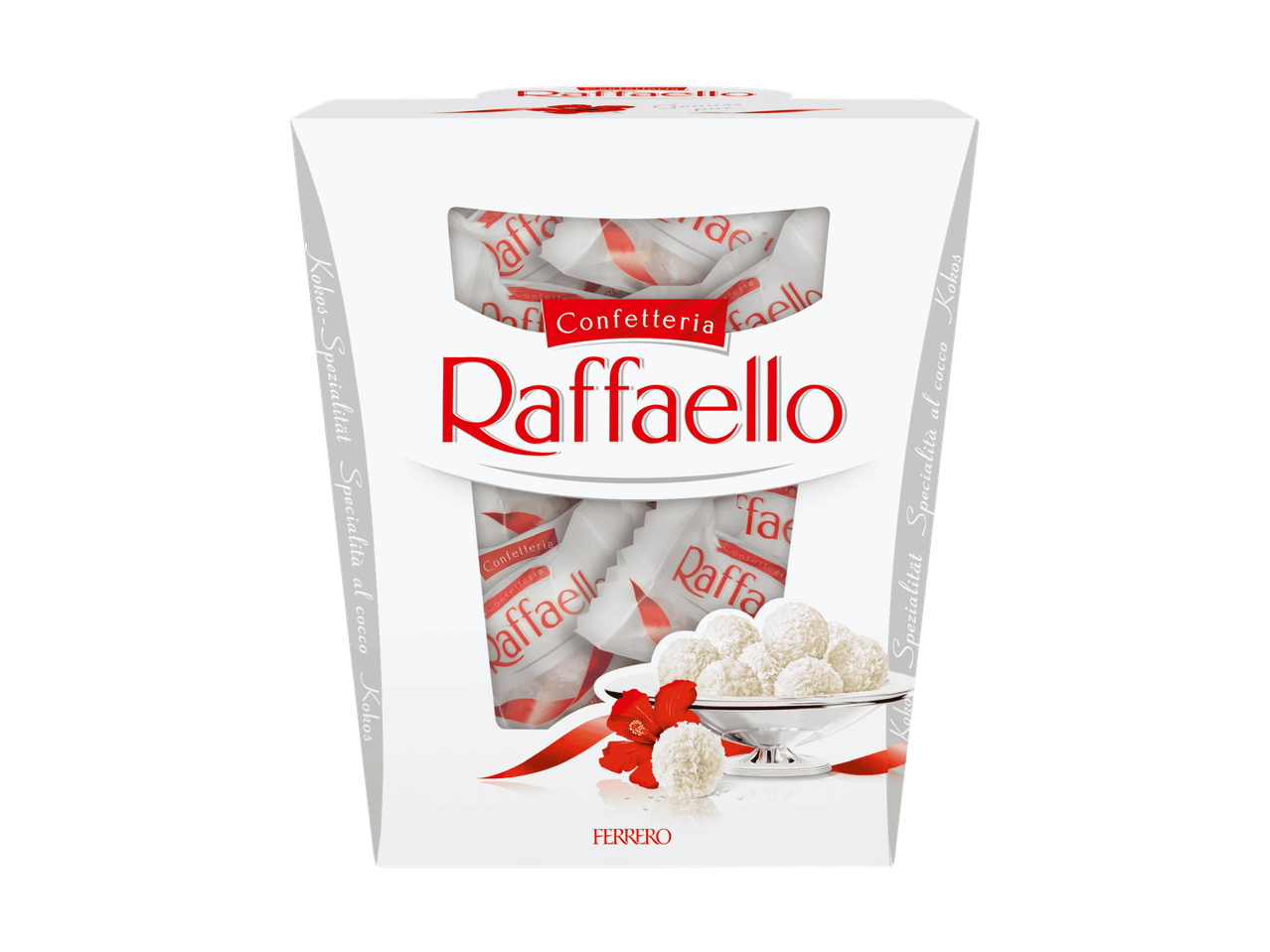 Raffaello Kokospralinen in einer weißen Geschenkbox mit roter Schleife und Kokosnüssen.