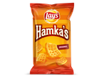Oranje zak met wafelvormige chips, met de tekst 'Hamka's Original' in het midden.