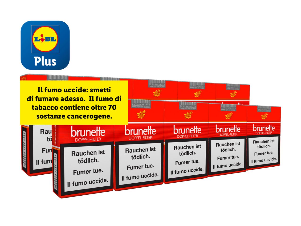 Pacchetti di sigarette Brunette Lidl Plus, con avvertenze sanitarie.