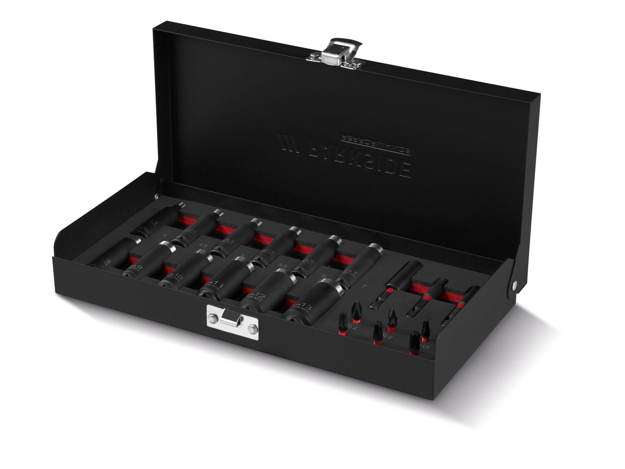 A black metal case containing a set of Socket and Bit.