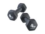 Two black 4kg Crivit dumbbells with hexagonal ends.