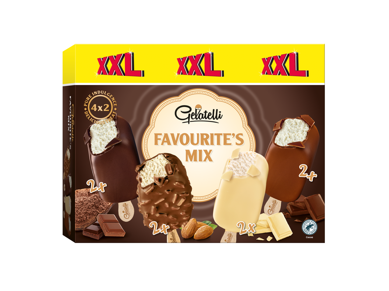 Η συσκευασία παγωτού Gelatelli XXL Favourite's Mix περιέχει τέσσερα παγωτά σε γεύσεις σοκολάτας, γάλακτος και λευκής σοκολάτας.