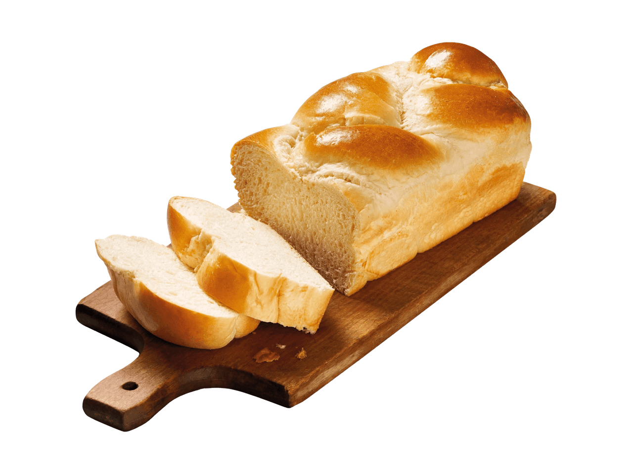 Geschnittenes Zopfbrot auf einem Holzschneidebrett.