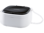 Mini máquina de lavar CLEANMAXX branca com tampa preta e mangueira de drenagem.