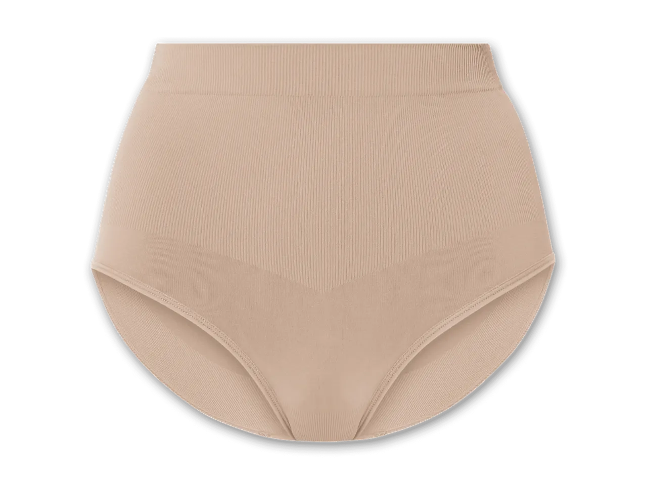 Beigefarbene High-Waist-Unterhose aus geripptem Stoff.