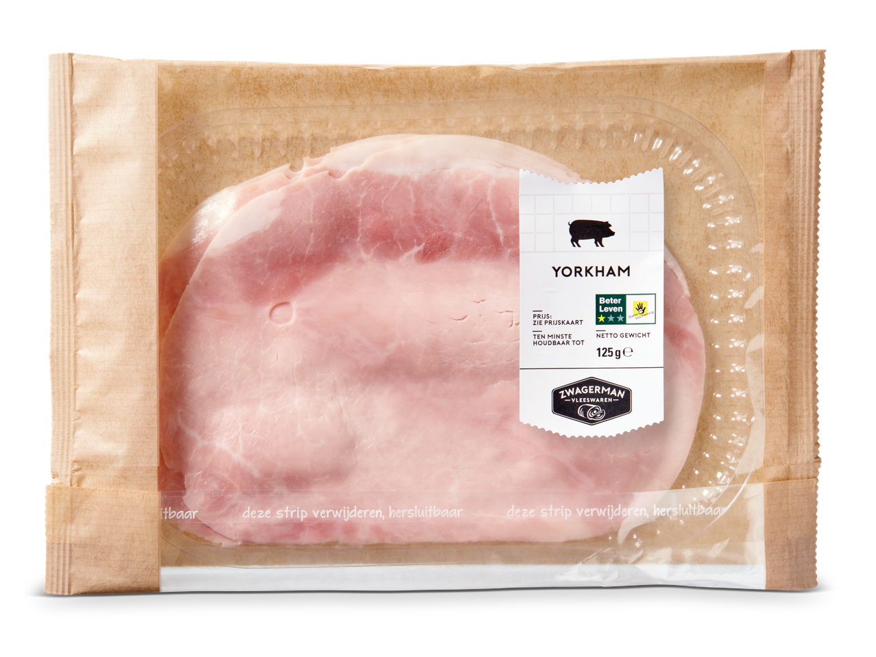 Verpakking Yorkham (gekookte ham) met een Beter Leven 3-sterren keurmerk.