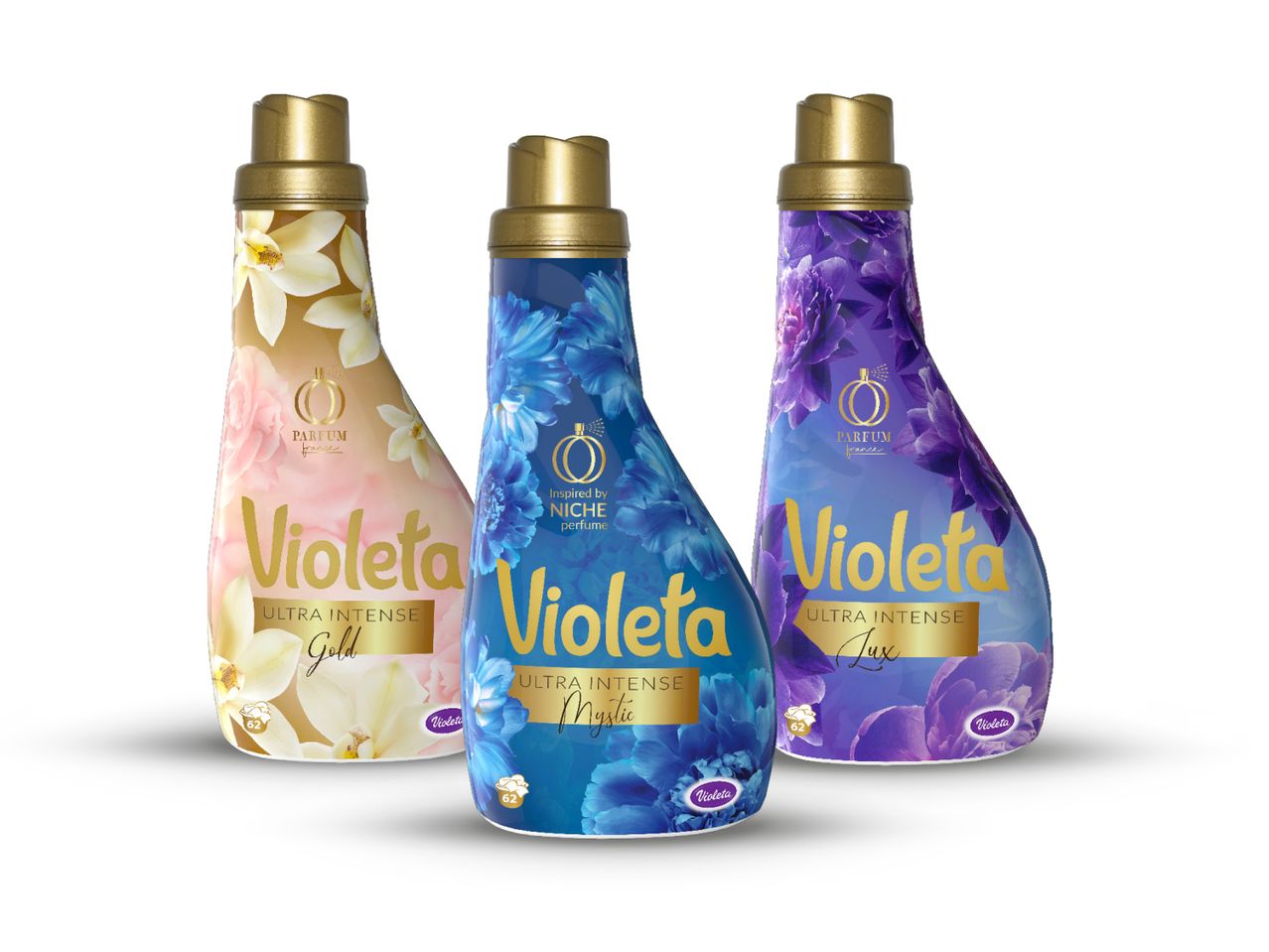 Tri bočice Violeta omekšivača za rublje u različitim nijansama.