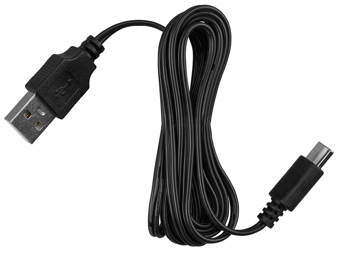 Черен USB-A към USB-C кабел, навит на руло, с метални конектори.