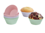 Forminhas de silicone para muffins em cores pastel e muffins assados.