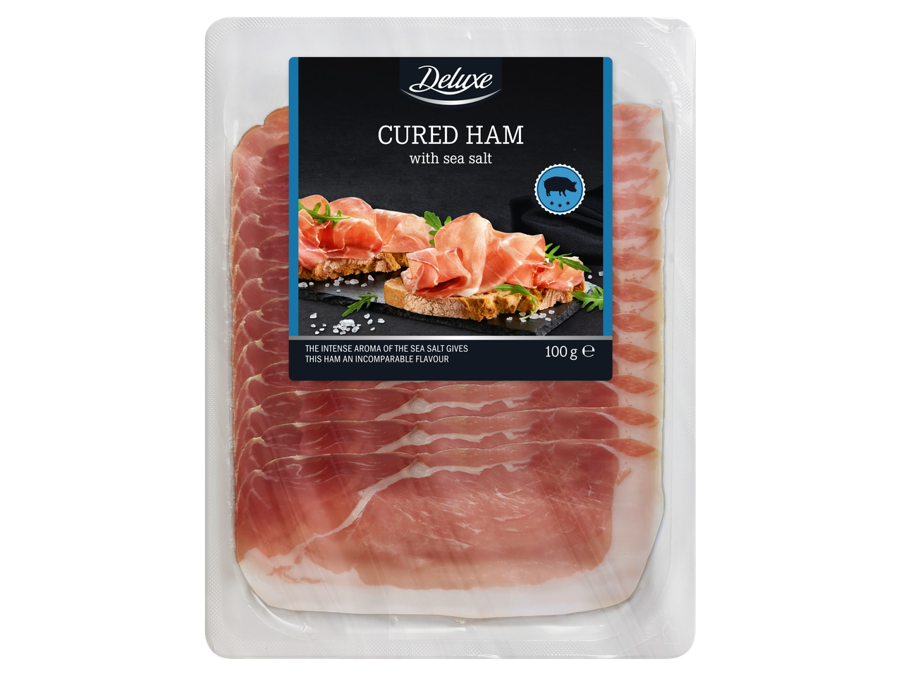 Deluxe zīmola sālīta šķiņķa iepakojums.