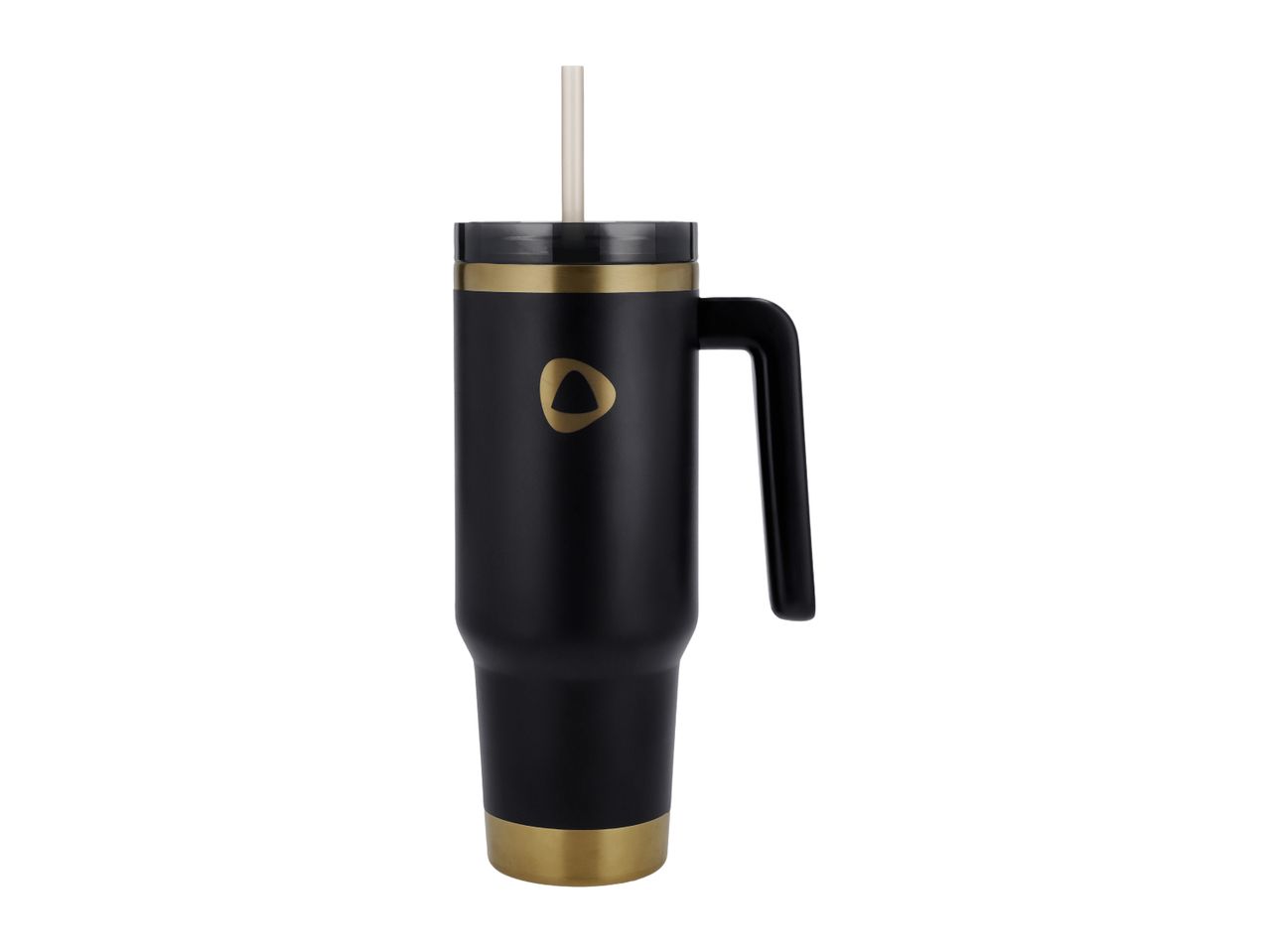 Black and gold travel mug with a handle and a straw