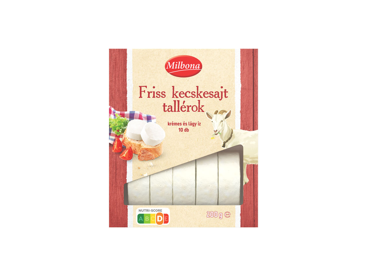Milbona friss kecskesajt tallérok, krémes és lágy íz, 10 db, 200g, Nutri-Score D