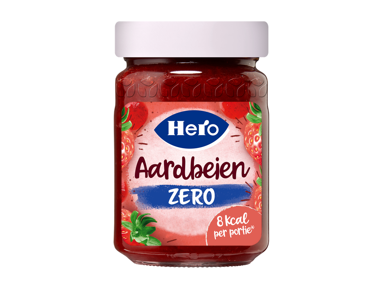 Een pot aardbeienjam met een wit deksel en een etiket met aardbeien en de tekst 'Aardbeien ZERO 8 kcal per portie'.