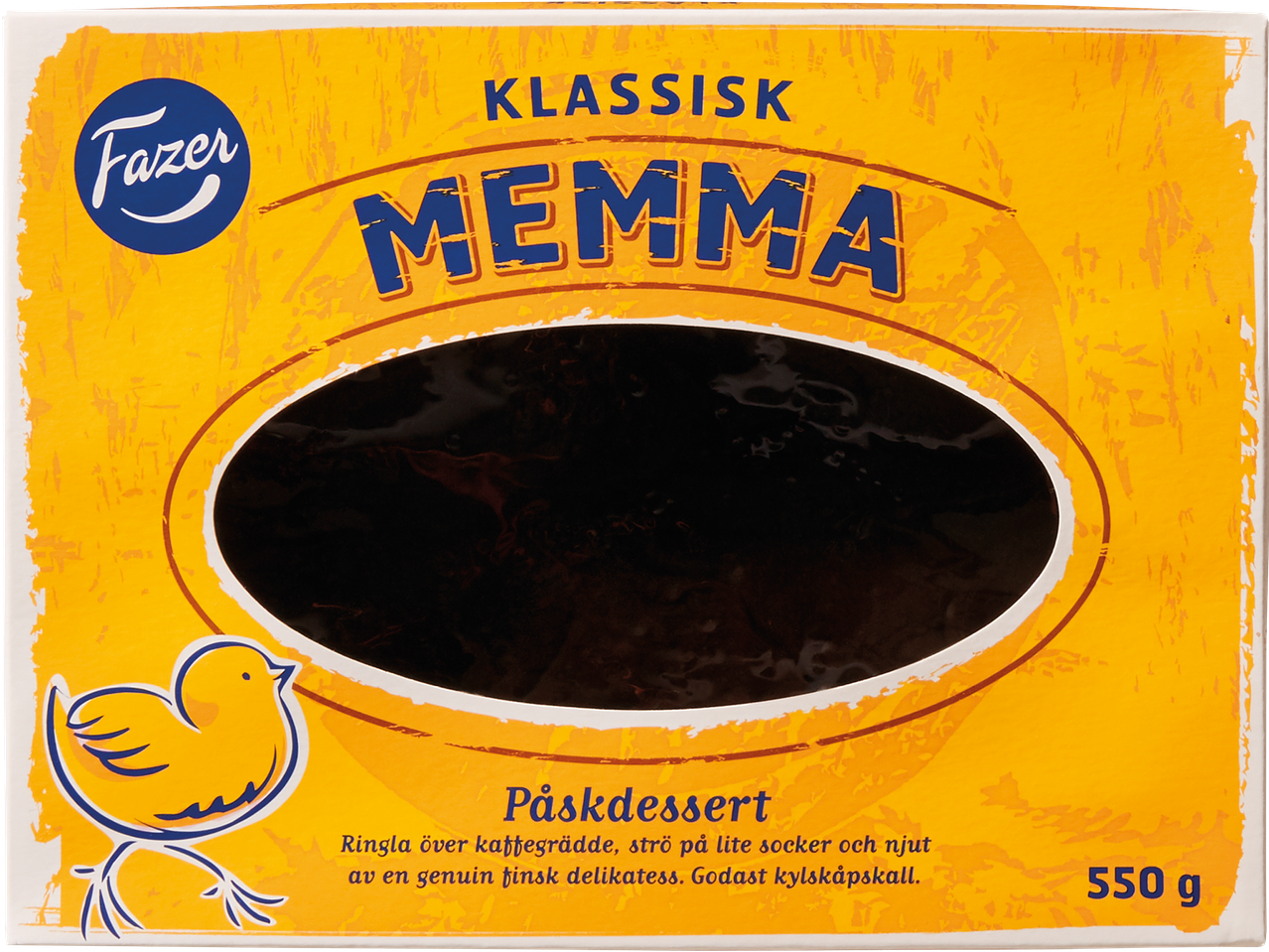 Påskdessert med memma i en gul förpackning med en kyckling och texten '550 g'.