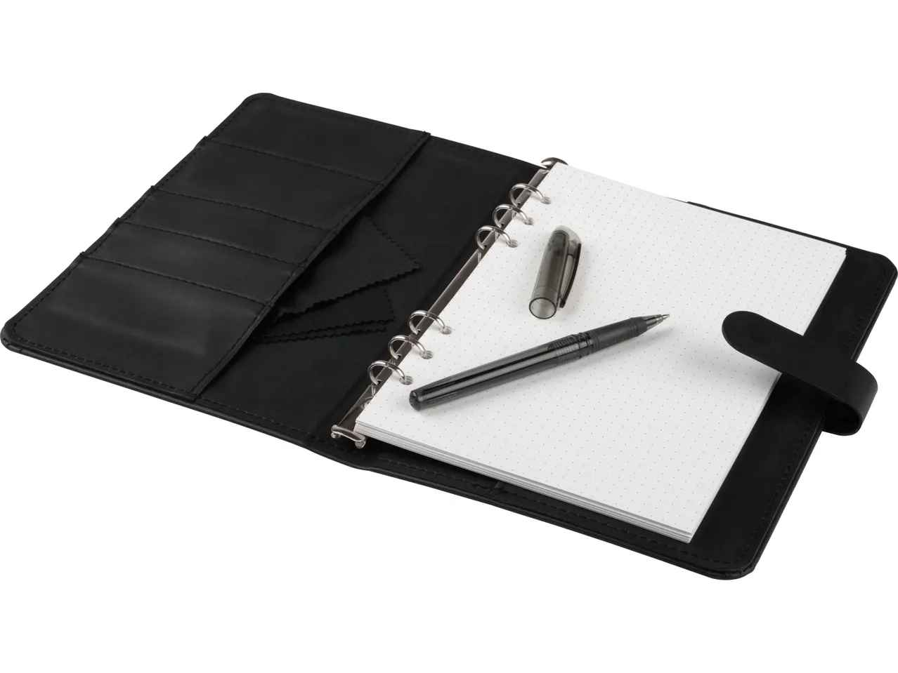 Blocco per appunti nero con penna.