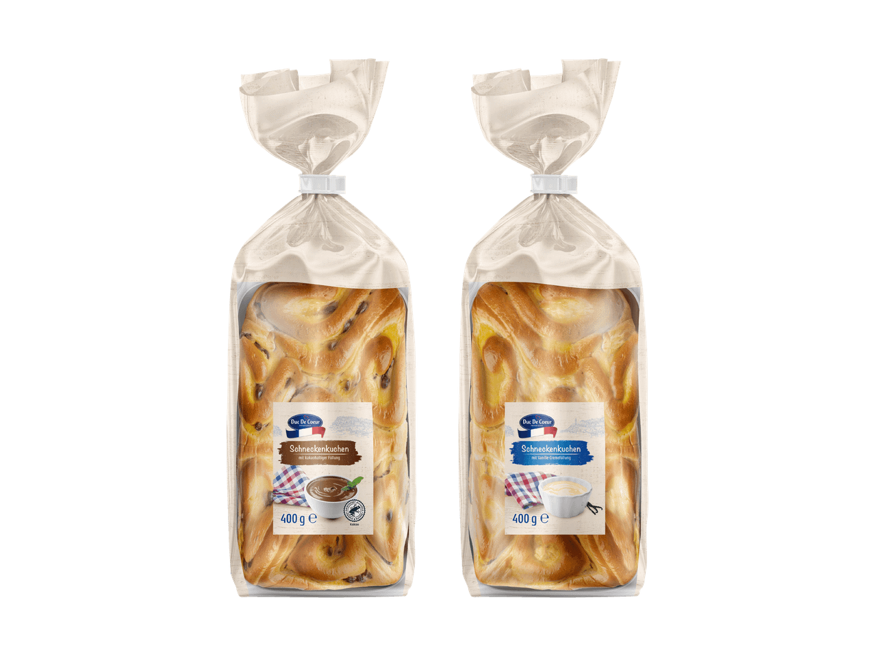 Zwei Packungen Schneckenkuchen, eine mit Kakao- und eine mit Vanillefüllung.