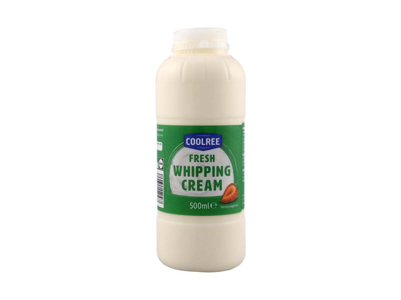 A bottle of fresh whipping cream with a green label and a strawberry graphic.