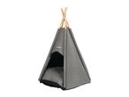 Grey pet teepee with wooden poles and a soft cushion inside.