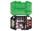 Open green and black case with various rotary tool accessories, including drill bits, grinding stones, sanding bands, and polishing pads.