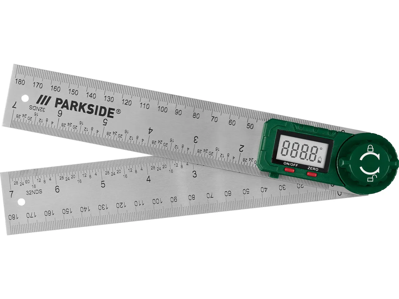 Un goniometro digitale Parkside con righello in acciaio inossidabile.