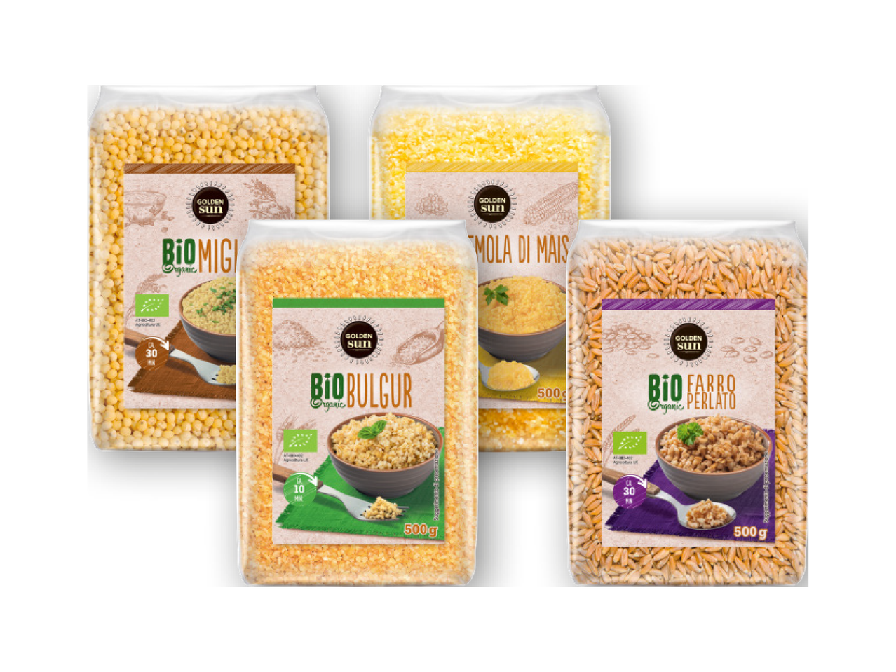 Confezioni di cereali biologici Golden Sun, tra cui miglio, bulgur, farro e polenta.
