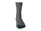 Grey sock with a festive candy cane pattern and a dark green toe