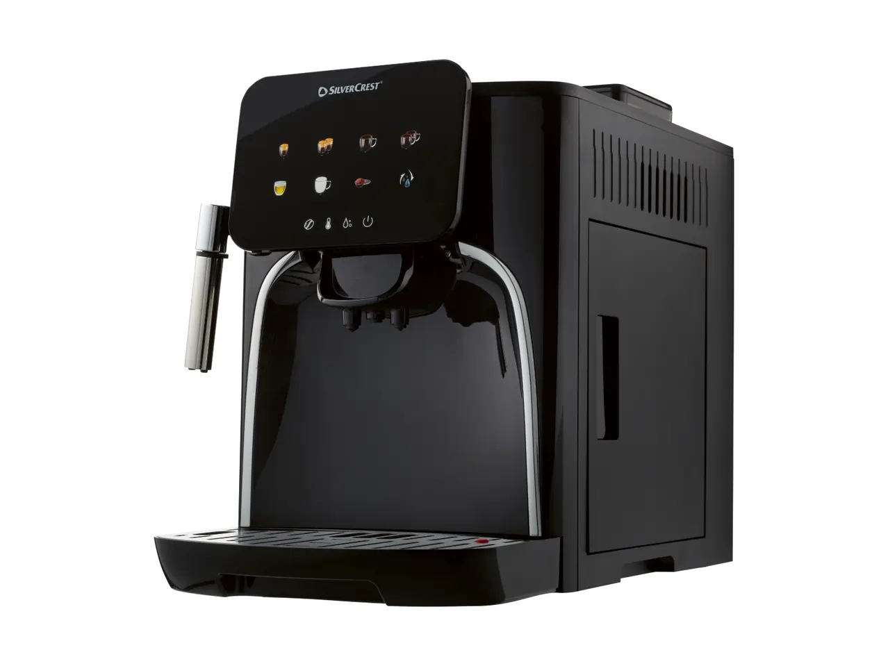 Black automatic coffee machine with a touchscreen display showing various coffee options.