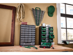 Parkside® Small Parts Organisers on a workbench with tools and a window.