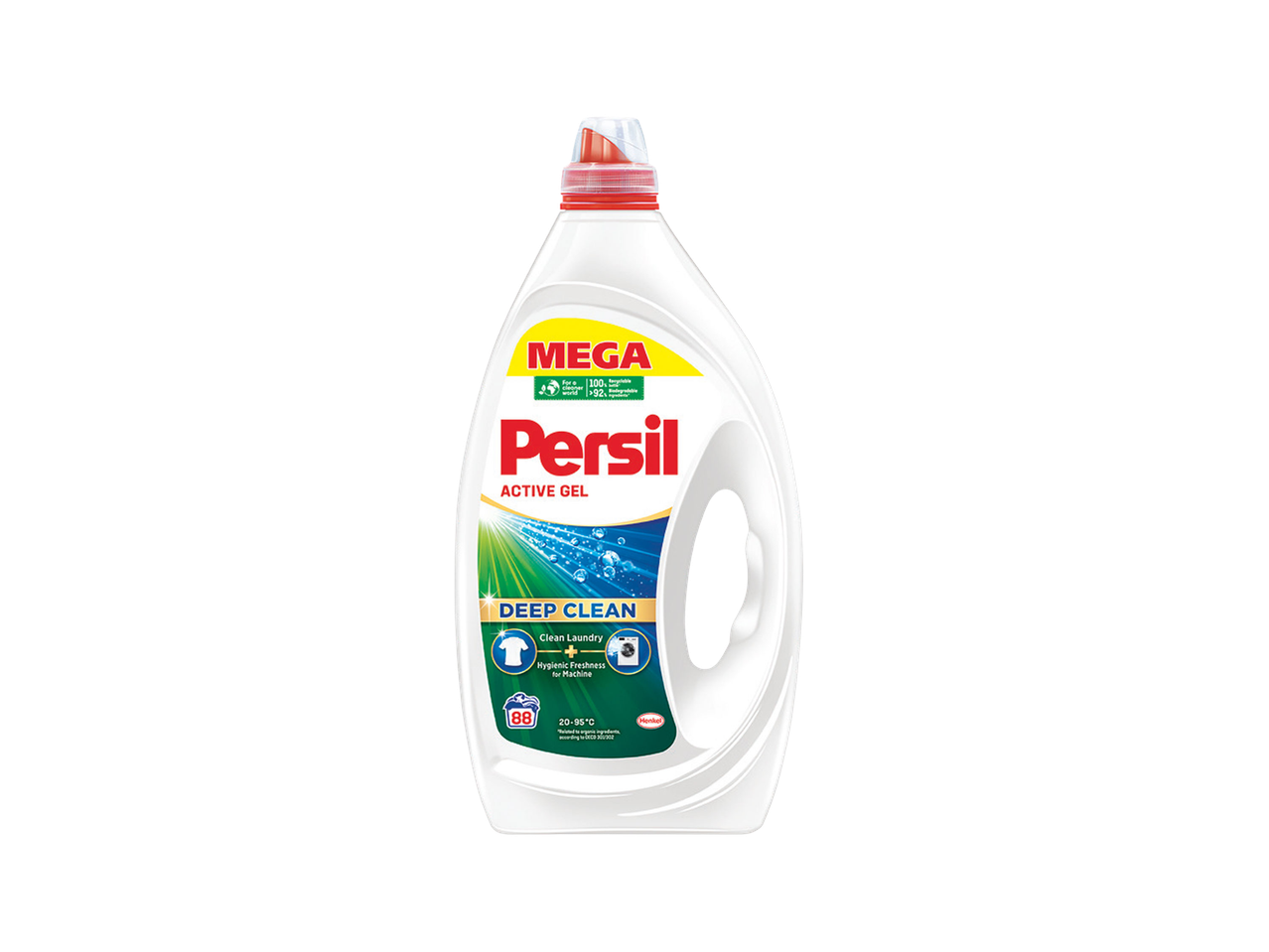 Boca tečnog deterdženta za veš sa natpisom „Deep Clean“ i ikonama za čistoću.